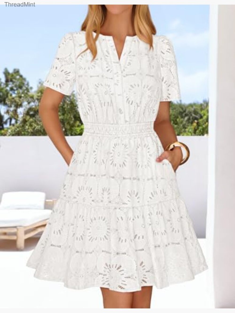 Lace Eyelet Mini Dress with Puff Sleeves, V-Neck, Side Pockets - Picture 2 of 7